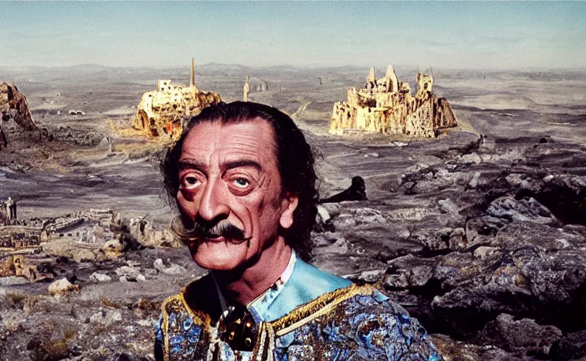 Image similar to salvador dali wearing a great crown with blue jewels and a scepter in a dry rocky desert landscape, visible sky and sunny atmosphere, alien city ruins in the background, film still from the movie by alejandro jodorowsky with cinematogrophy of christopher doyle and art direction by hans giger, anamorphic lens, kodakchrome, very detailed photo, 8 k