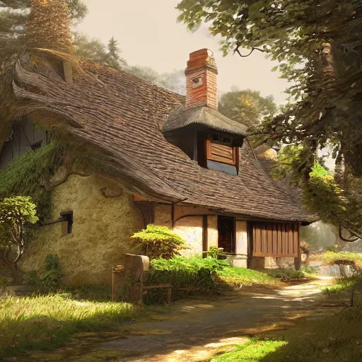 Image similar to concept art painting of an english european cottage with japanese architecture, in the woods, cozy, realistic, detailed, cel shaded, in the style of makoto shinkai and greg rutkowski and james gurney