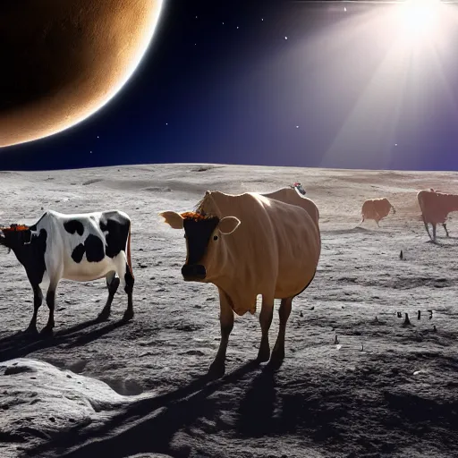 Prompt: realistic picture of cows on the moon, sunlight, detailed, realism, glow, 8k,
