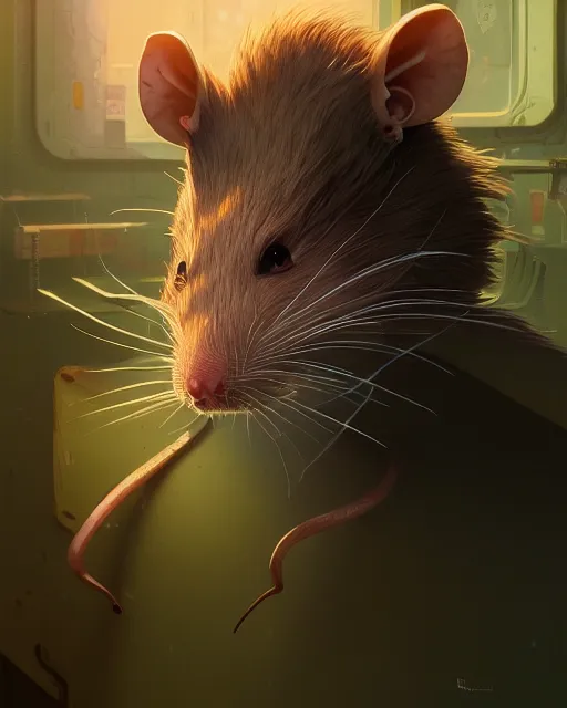 Image similar to highly detailed vfx portrait of a rat looking at you, unreal engine, greg rutkowski, loish, rhads, beeple, makoto shinkai and lois van baarle, ilya kuvshinov, rossdraws, tom bagshaw, alphonse mucha, global illumination, detailed and intricate environment