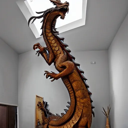 Prompt: a huge wooden dragon the height of a room in a dream