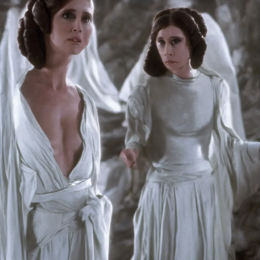 Image similar to madeleine stowe as princess leia, slave outfit, movie still, 8 k, realistic