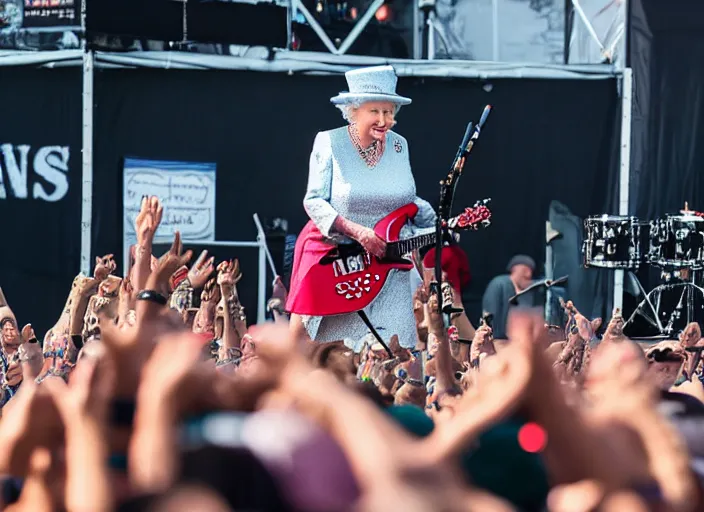 Image similar to photo still of queen elizabeth at vans warped tour!!!!!!!! at age 7 0 years old 7 0 years of age!!!!!!! throwing down in the mosh pit, 8 k, 8 5 mm f 1. 8, studio lighting, rim light, right side key light