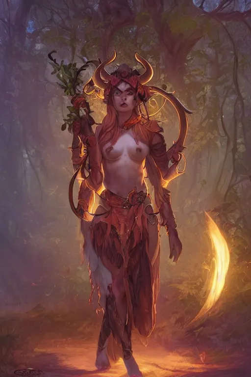 Image similar to cute Tiefling Druid with long horns, colorful leaves on light leather armor, holding tree staff, ,demon tail light-brown skin, highly detailed, digital painting, artstation, concept art, sharp focus, illustration, art by artgerm and greg rutkowski and alphonse mucha