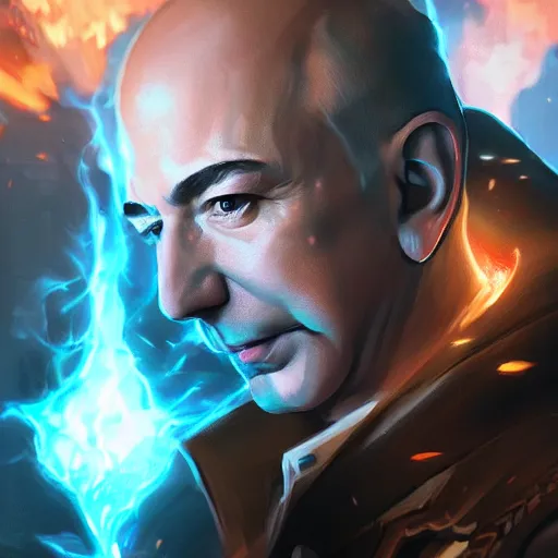 Image similar to portrait of jeff bezos burning money, league of legends amazing splashscreen artwork, splash art, natural light, elegant, photorealistic facial features, intricate, fantasy, detailed face, atmospheric lighting, anamorphic lens flare, cinematic lighting, league of legends splash art, hd wallpaper, ultra high details by greg rutkowski