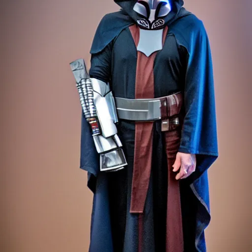 Image similar to a robed jedi with a mandalorian mask