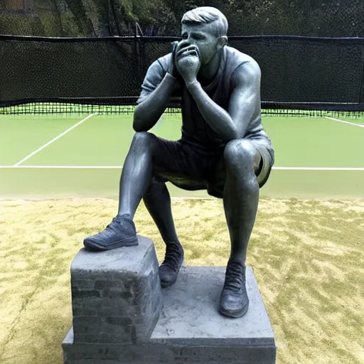 Image similar to a statue of a sad novak dijokovic on the tennis court