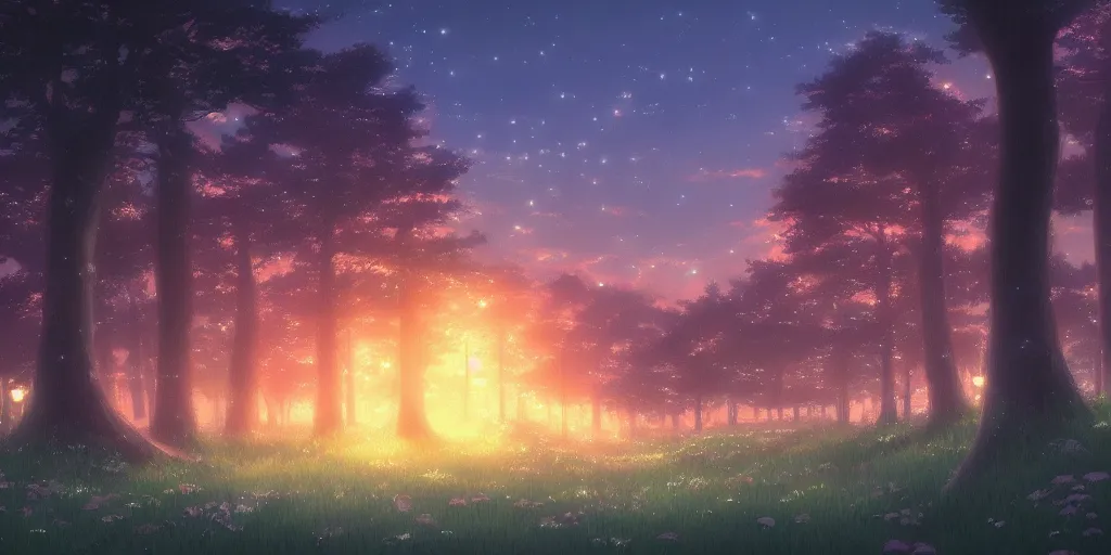 Prompt: beautiful anime painting of a magical forest, nighttime, by makoto shinkai, koto no ha no niwa, studio ghibli, artstation, atmospheric.