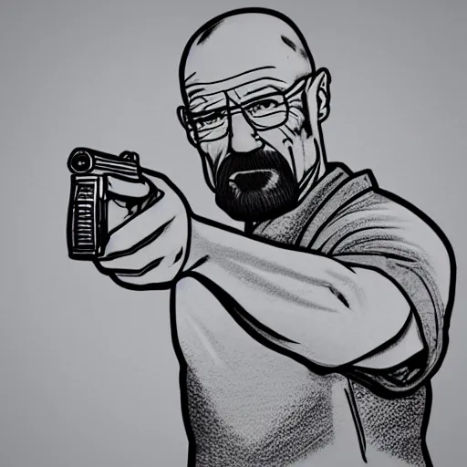 Image similar to Walter White pointing a gun at center, accurate anatomy, highly detailed