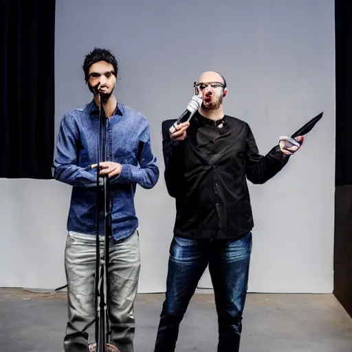 Image similar to Omer Adam and Arik Einstein are standing on a stage with microphones and singing, photorealistic