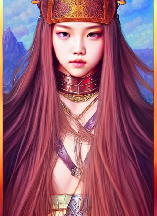 Image similar to lalisa manoban of blackpink, medieval armor, tarot card, highly detailed, digital painting, smooth, sharp focus, illustration, ultra realistic, 8 k, art by artgerm and alphonse mucha