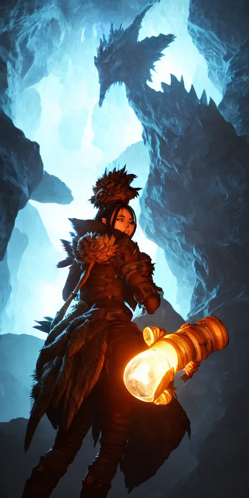 Image similar to a epic hero adventurer holding a torch in a dark cave, fantsy, concept art, artgerm, monster hunter world, 8 k realistic, radiant light, frostbite 3 engine, dof, cryengine, digital art, detailed background