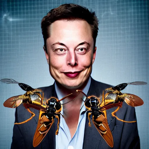 Image similar to anthropomorphic wasp with head of elon musk