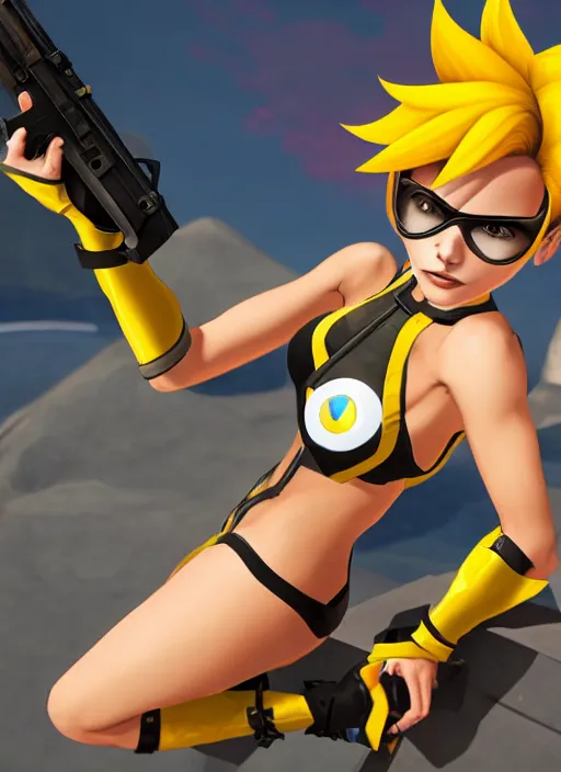 Image similar to tracer game character, in yellow bikini, blonde hair, black eyes, full height