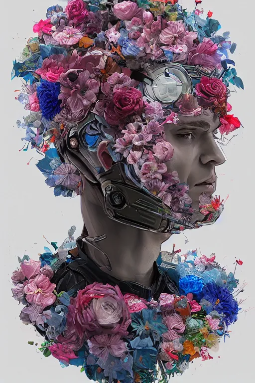 Prompt: a man wearing a helmet with flowers on it, cyberpunk art by James Jean, cgsociety, generative art, made of flowers, made of plastic, made of cardboard