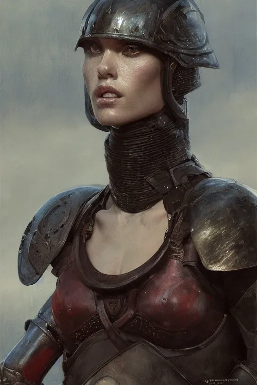 Image similar to an upper body portrait of a female knight, oil painting, by Fernanda Suarez and and Edgar Maxence and greg rutkowski and julie bell