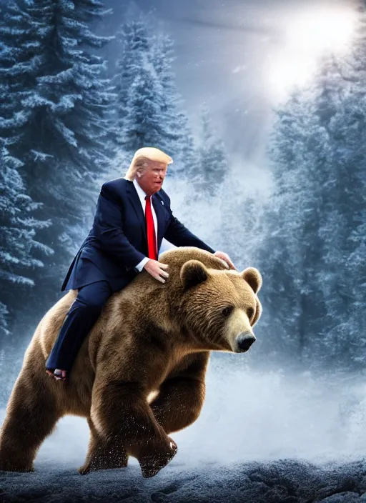 Prompt: a beautiful photo of donald trump and vladimir putin and riding a bear, intricate details, photography, volumetric light, 8 k