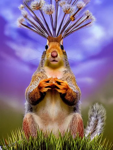 Image similar to a squirrel as king arthur, extremely plump, wearing crown of acorns and dandelions, servant squirrels, king arthur's court, game of thrones, sitting on throne, extreme wide shot, low angle, palace, fantasy art, cinematic lighting, realistic, sony 2 4 mm f 8. 0