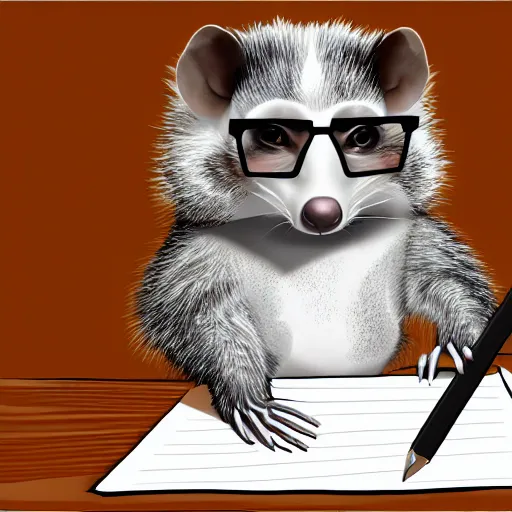 Prompt: high quality photorealistic digital illustration of an opossum named paw - paw who is a lawyer. he is wearing glasses and taking notes on a legal pad. in the style of louie zong