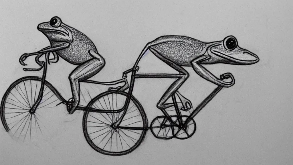 Image similar to a pencil sketch of a frog riding a bicycle