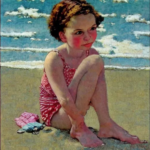 Image similar to “young girl at the beach by Norman Rockwell”