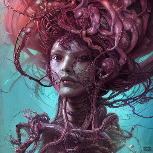 Image similar to portrait of a gorgeous Medusa , magic the gathering artwork, D&D, fantasy, cinematic lighting, centered, symmetrical, Carne Griffiths, Ayami Kojima, Beksinski, Giger,trending on DeviantArt highly detailed, digital painting, concept art, smooth, sharp focus, illustration, volumetric lighting, epic Composition, 8k, art by Akihiko Yoshida and Greg Rutkowski and Craig Mullins, oil painting, cgsociety