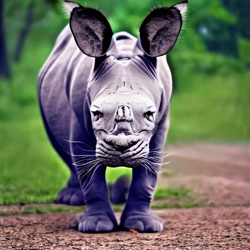 Prompt: a feline cat - rhino - hybrid, animal photography