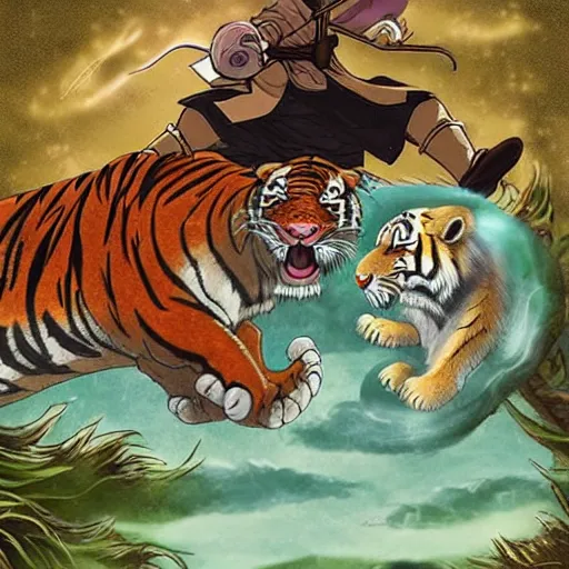 Image similar to A Wizard battling a Tiger by miyazaki miyamoto