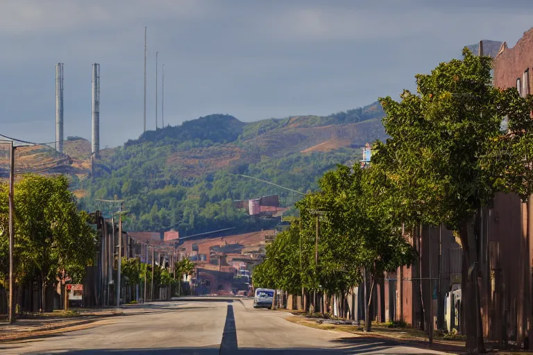 Image similar to looking down street, warehouses lining the street. hills background with trees and radio tower on top. telephoto lens compression.