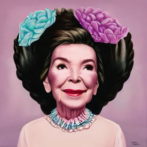 Image similar to nancy reagan dressed as bjork, painted by mark ryden,