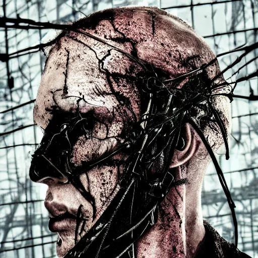 Image similar to a dark occult cyberpunk ritual of wires broken skulls skin and decay, moody, hyperrealism, 8 k photo, atmospheric