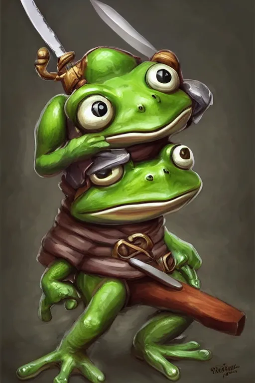 Image similar to cute anthropomorphic frog wearing butcher clothes with a hat and holding a cleaver knife ,tiny, small, miniature frog, baby animal, short, pale blue armor, cute and adorable, pretty, beautiful, DnD character art portrait, matte fantasy painting, cgsociety Artstation, by Jason Felix by Steve Argyle by Tyler Jacobson by Peter Mohrbacher, cinematic lighting