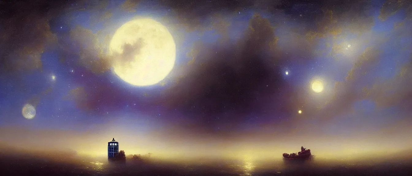 Image similar to A beautiful painting of a TARDIS from Doctor Who flying in milky way with moon by Ivan Konstantinovich Aivazovsky, Trending on artstation