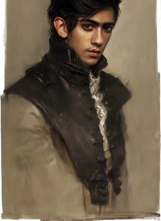 Image similar to head and shoulders portrait painting of young man who looks like zayn malik as an elf by jeremy mann, wearing leather napoleonic military style jacket, only one head single portrait, pointy ears, dark background, soft top lighting