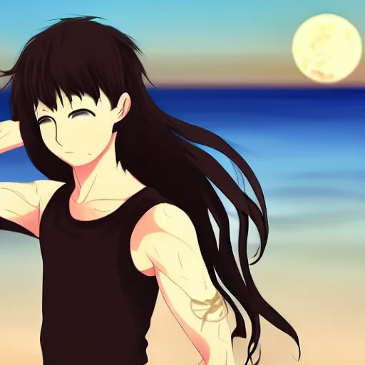 Prompt: young adult, male, medium length black hair, brown eyes, pale skin, standing on a beach, night, full moon, japanese anime style