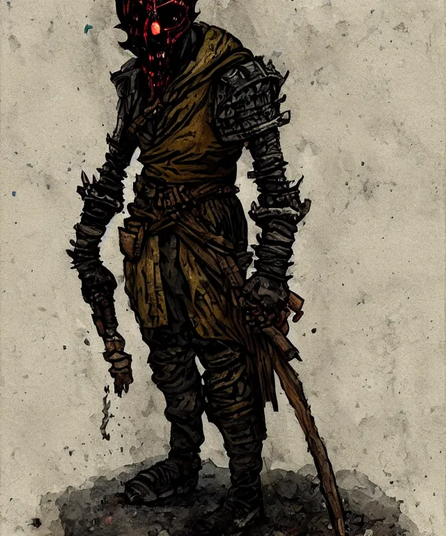 Prompt: a oil / watercolor painting full body character portrait of a artificial slave in the style of darkest dungeon in the style of dark souls trending on artstation deviantart pinterest detailed realistic hd 8 k high resolution