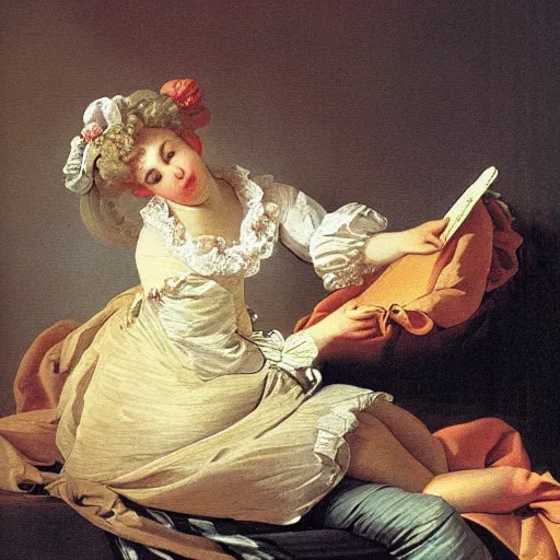 Prompt: sad inflatable housewife, painting by fragonard