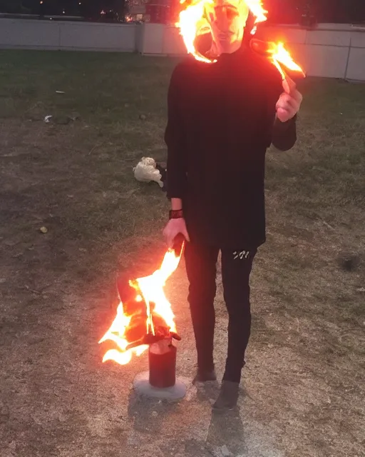 Prompt: [ [ [ [ [ [ squidward ] ] ] ] ] ] wearing fire nation clothing and practicing firebending outside at susnset