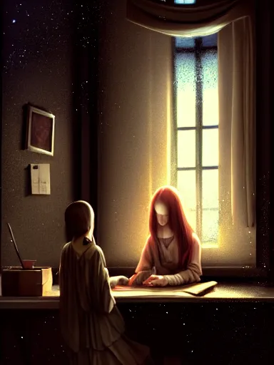 Image similar to an early morning in the it office by da vinci : : enchanting, ethereal, magical, glowing, sparkle, prismatic, portrait, character design, illustration, hyperrealism, photorealism, digital art, concept art, dark fantasy, whimsy, weta, wlop, artstation