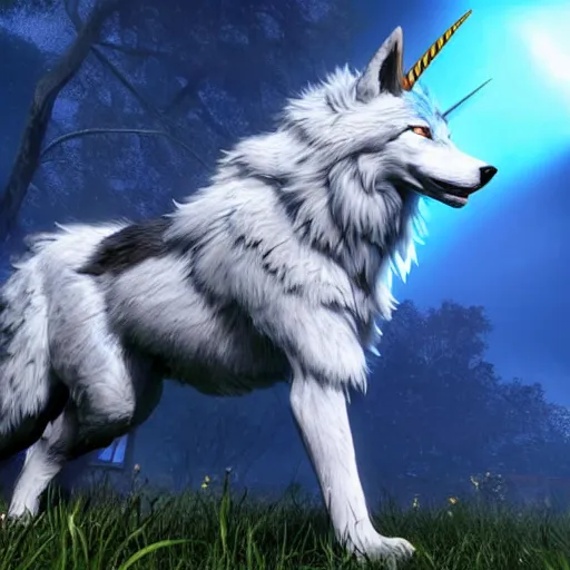 Image similar to a giant blue wolf with a white main and two unicorn horns, a white star shape on his forehead, yellow eyes, beautiful, ultra realistic, great wolf, unreal engine 5, dynamic lighting, highly detailed, lightning around