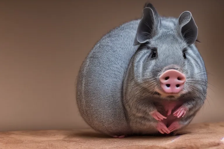 Image similar to a pig chinchilla!!! hybrid! hyper realistic!! realistic lighting!! wildlife photographer of the year!!! bold natural colors, national geographic, hd, wide angle, 8 k