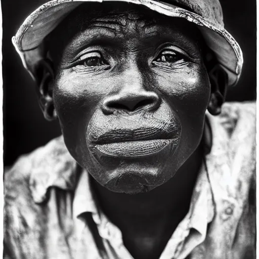 Image similar to black and white photo, portrait of Congo mineworker by sebastiao salgado, realistic, Leica, medium format, cinematic lighting, parallax, high resolution,