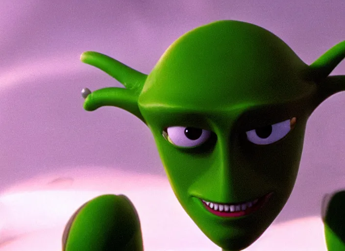 Prompt: film still of kif kroker, a light green skinned alien with almond shaped eyes and small lips dressed like zapp brannigan in the new scifi movie, 4 k