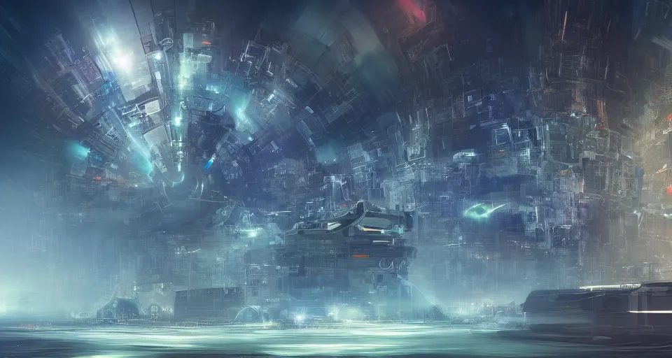 Image similar to Mech robot city under attack. By Joseph Mallord William Turner, fractal flame, highly detailded