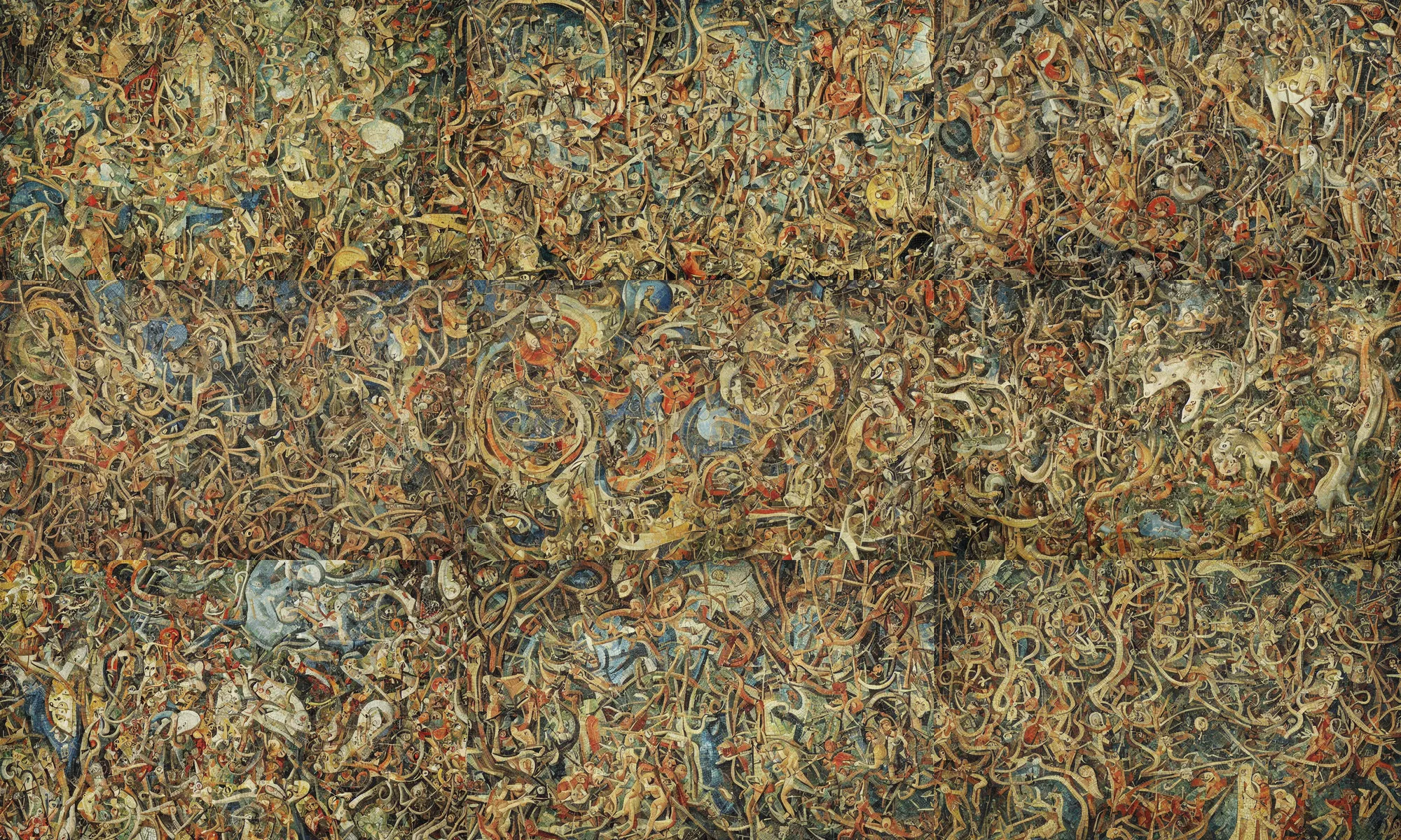 Prompt: an incredibly detailed masterpiece painting of a mosaic mural by bosch and jackson pollock, ornate, beautiful, bold colors, detailed, high resolution, wow!, intricate