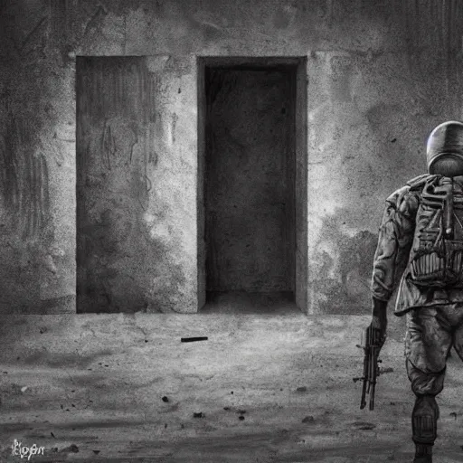 Image similar to pencil art, distant shot, realistic, cinematic, hyper detailed, smooth, soldier hiding behind wall, alien figure in the background, in a war torn area