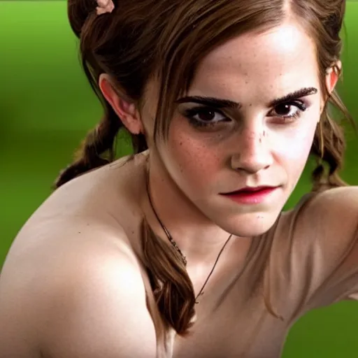 Image similar to emma watson as shrek, live action movie poster, cinematic, dramatic pose, trending