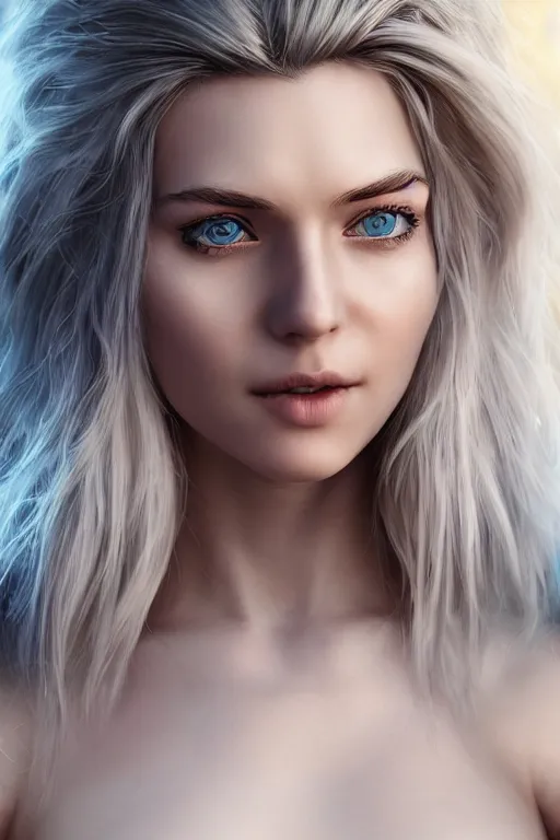 Prompt: ultra realistic facial portrait of a beautiful nordic woman, blue eyes, white hair, digital art, character portrait, highly detailed, trending on artstation, lens flare, atmosphere, hyper realistic, cinematic lightning, sharp focus, unreal engine 5, extreme details perfect face, pretty face, fine - face, illustration, 8 k, ultra texture, masterpiece