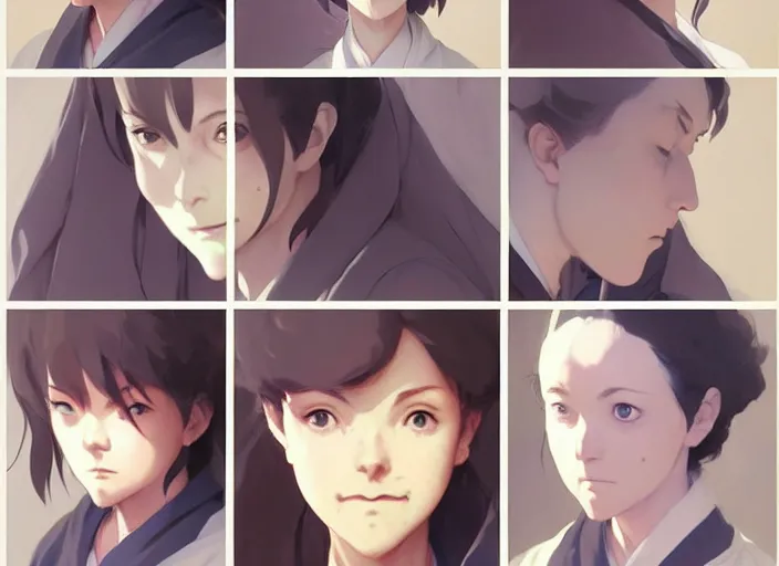 Prompt: 1 8 5 5 nurse, character face study, multiple angles, directions and moods. faces only, concept art finely detailed perfect art, painted by greg rutkowski makoto shinkai takashi takeuchi studio ghibli, pinterest, cevagraf comics