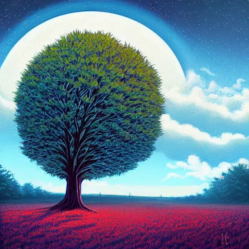 Image similar to This painting has such a feeling of peace and serenity. The tree is so still and calm, despite the wind blowing around it. The moonlight casts a soft glow over everything and the starts seem to be winking at you... by Dan Mumford